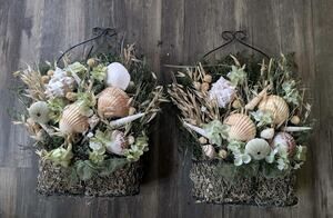 2 Coastal Seashell Floral Baskets Free Standing Wall Home Beach Nautical Decor
